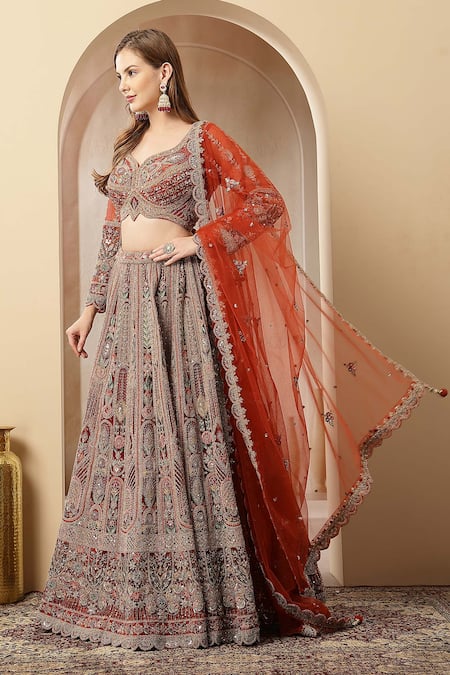 Shop_Soniya G_Orange Silk, Net Zari, Embroidery, Mirrors, Sequins Surkh Nazakat Lehenga Set _Online_at_Aza_Fashions