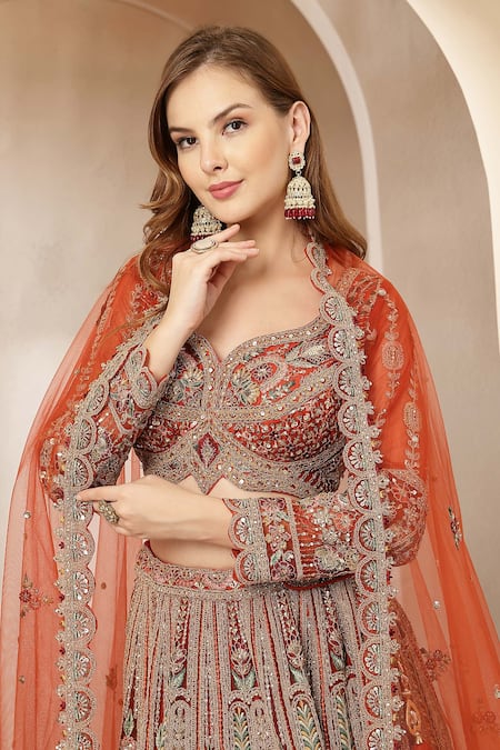 Soniya G Orange Silk, Net Zari, Embroidery, Mirrors, Sequins Surkh Nazakat Lehenga Set at Aza Fashions Soniya G_Orange Silk, Net Zari, Embroidery, Mirrors, Sequins Surkh Nazakat Lehenga Set _at_Aza_Fashions