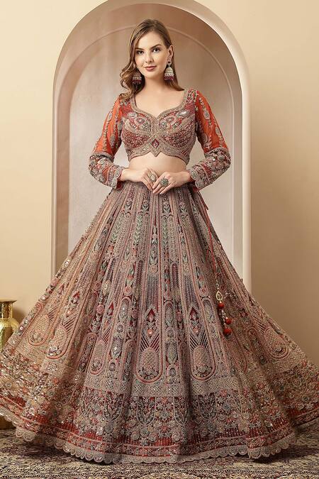 Buy_Soniya G_Orange Silk, Net Zari, Embroidery, Mirrors, Sequins Surkh Nazakat Lehenga Set 