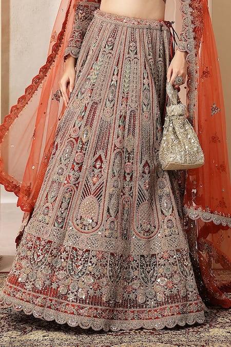 Shop Soniya G Orange Silk, Net Zari, Embroidery, Mirrors, Sequins Surkh Nazakat Lehenga Set Shop_Soniya G_Orange Silk, Net Zari, Embroidery, Mirrors, Sequins Surkh Nazakat Lehenga Set