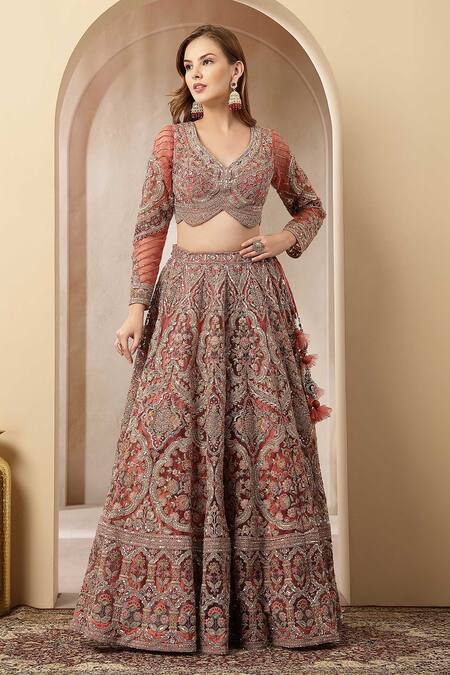 Soniya G_Rose Gold Silk, Net Embroidery, Sequins, Zari Gulnaar Ehsas Mughal Lehenga Set _Online_at_Aza_Fashions