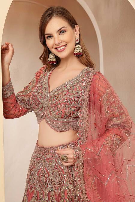 Buy_Soniya G_Rose Gold Silk, Net Embroidery, Sequins, Zari Gulnaar Ehsas Mughal Lehenga Set _Online_at_Aza_Fashions