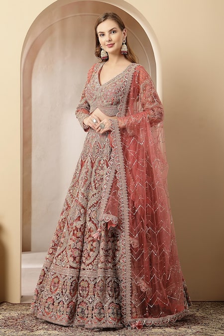 Shop_Soniya G_Rose Gold Silk, Net Embroidery, Sequins, Zari Gulnaar Ehsas Mughal Lehenga Set _Online_at_Aza_Fashions