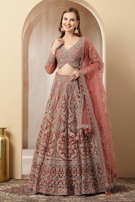 Soniya G_Rose Gold Silk, Net Embroidery, Sequins, Zari Gulnaar Ehsas Mughal Lehenga Set _at_Aza_Fashions