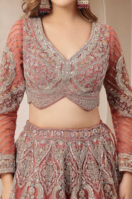 Buy_Soniya G_Rose Gold Silk, Net Embroidery, Sequins, Zari Gulnaar Ehsas Mughal Lehenga Set 