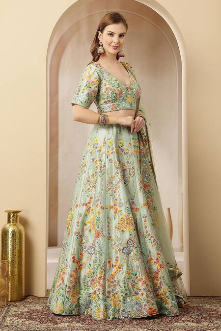 Soniya G_Mint Silk, Net Embroidery, Sequins, Mirrors, Metallic Meherbanoor Lehenga Set _Online_at_Aza_Fashions