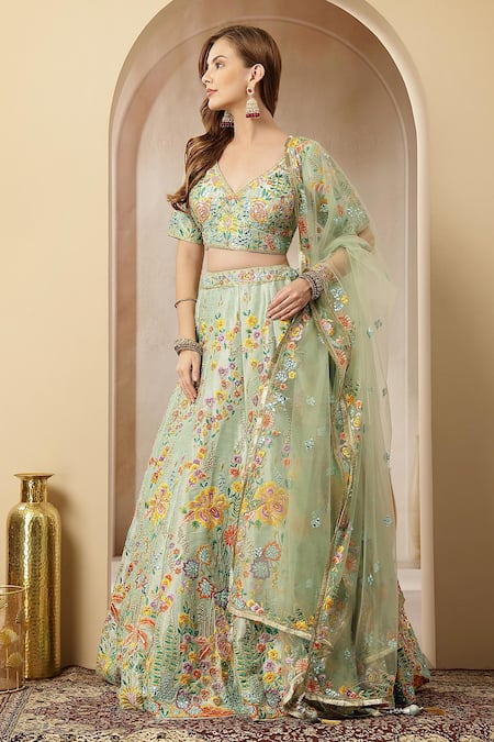 Buy_Soniya G_Mint Silk, Net Embroidery, Sequins, Mirrors, Metallic Meherbanoor Lehenga Set _Online_at_Aza_Fashions