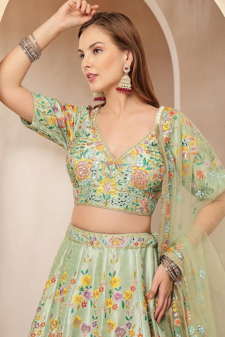 Shop_Soniya G_Mint Silk, Net Embroidery, Sequins, Mirrors, Metallic Meherbanoor Lehenga Set _Online_at_Aza_Fashions