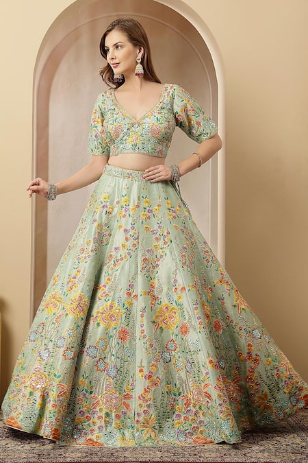 Soniya G_Mint Silk, Net Embroidery, Sequins, Mirrors, Metallic Meherbanoor Lehenga Set _at_Aza_Fashions