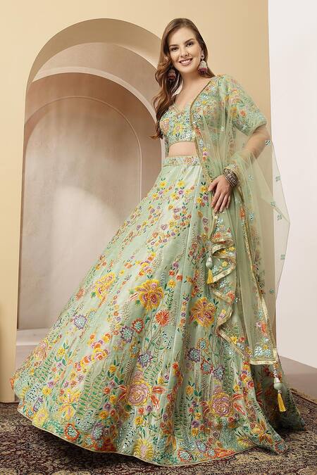 Shop Soniya G Mint Silk, Net Embroidery, Sequins, Mirrors, Metallic Meherbanoor Lehenga Set Shop_Soniya G_Mint Silk, Net Embroidery, Sequins, Mirrors, Metallic Meherbanoor Lehenga Set