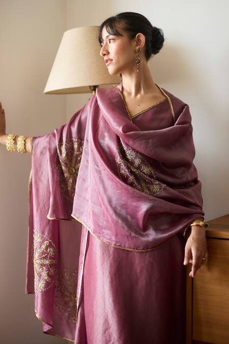 Shop_Sarang Kaur_Purple Tissue, Silk, Velvet Embroidery, Metallic Thread, Samridhi Kurta Set _Online_at_Aza_Fashions