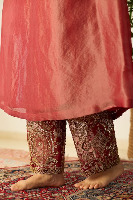 Shop_Sarang Kaur_Red Tissue, Silk Embroidery, Metallic Thread V-neck Rubaab Kaftan Set _Online_at_Aza_Fashions