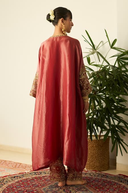 Sarang Kaur Red Rubaab Tissue Silk Kaftan Set 