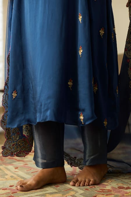 Buy Sarang Kaur Blue Satin, Silk, Tissue Embroidery, Zari V-neck Dua Kurta Set Online at Aza Fashions Buy_Sarang Kaur_Blue Satin, Silk, Tissue Embroidery, Zari V-neck Dua Kurta Set _Online_at_Aza_Fashions
