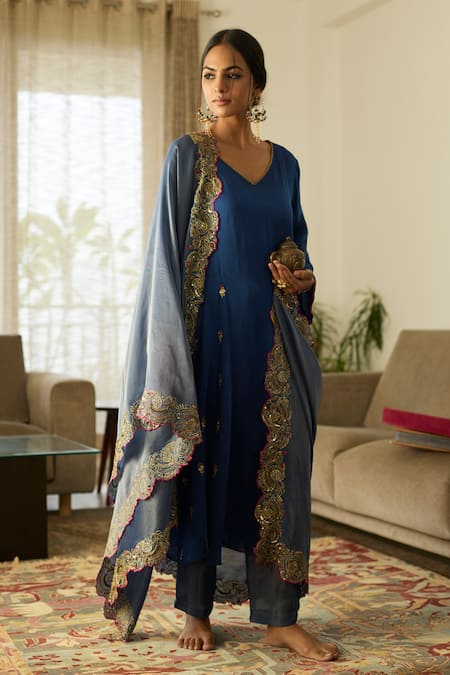 Sarang Kaur Blue Dua Satin Silk Kurta Set 