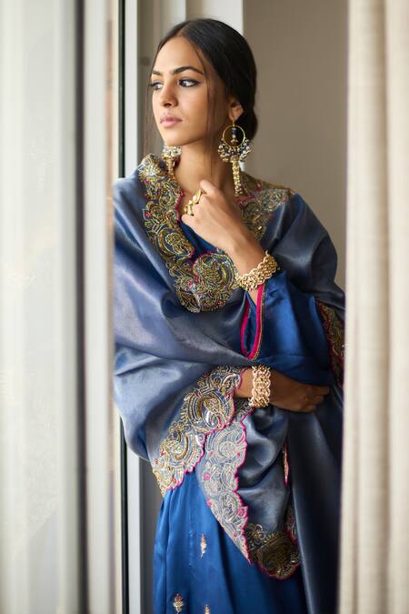 Shop Sarang Kaur Blue Satin, Silk, Tissue Embroidery, Zari V-neck Dua Kurta Set Online at Aza Fashions Shop_Sarang Kaur_Blue Satin, Silk, Tissue Embroidery, Zari V-neck Dua Kurta Set _Online_at_Aza_Fashions