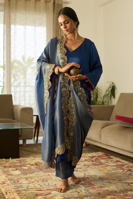 Sarang Kaur Blue Satin, Silk, Tissue Embroidery, Zari V-neck Dua Kurta Set at Aza Fashions Sarang Kaur_Blue Satin, Silk, Tissue Embroidery, Zari V-neck Dua Kurta Set _at_Aza_Fashions