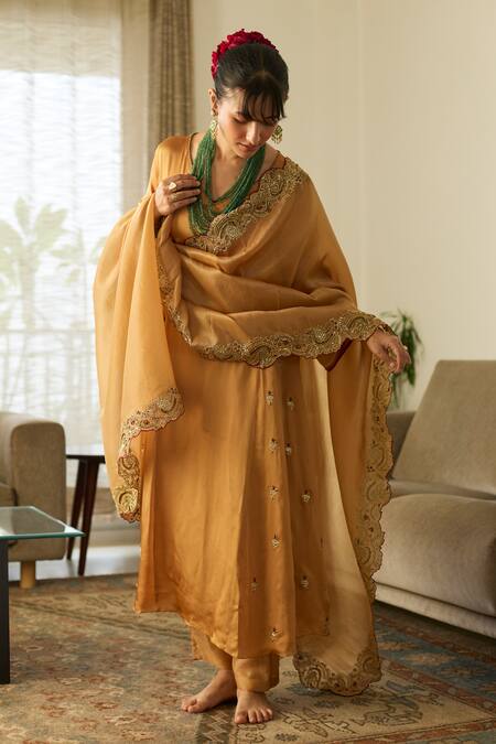 Shop_Sarang Kaur_Mustard Satin, Silk, Tissue Embroidery, Zari V-neck Dua Kurta Set _Online_at_Aza_Fashions