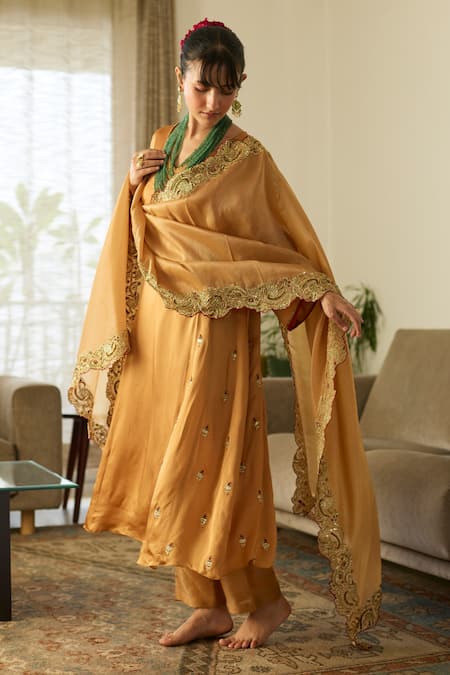 Sarang Kaur_Mustard Satin, Silk, Tissue Embroidery, Zari V-neck Dua Kurta Set _at_Aza_Fashions