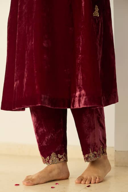 Shop_Sarang Kaur_Maroon Velvet, Silk Organza Embroidery, Metallic Pink Muraad Kurta Pant Set _Online_at_Aza_Fashions