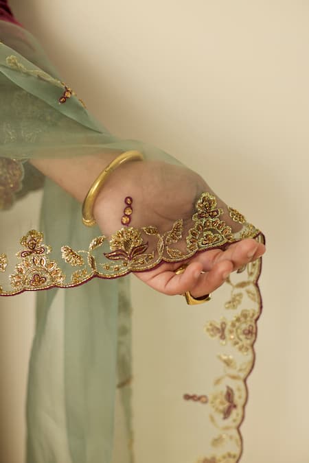 Sarang Kaur_Maroon Velvet, Silk Organza Embroidery, Metallic Pink Muraad Kurta Pant Set _at_Aza_Fashions