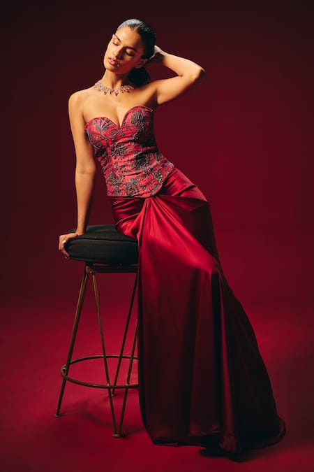 Roze_Red Chanderi, Crepe, Satin Embroidery Zyra Hand Corset And Draped Skirt _Online_at_Aza_Fashions