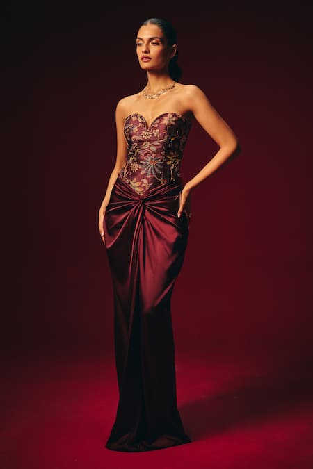 Buy Roze Wine Tussar, Crepe, Satin Embroidery Amara Hand Corset And Draped Skirt Set Buy_Roze_Wine Tussar, Crepe, Satin Embroidery Amara Hand Corset And Draped Skirt Set