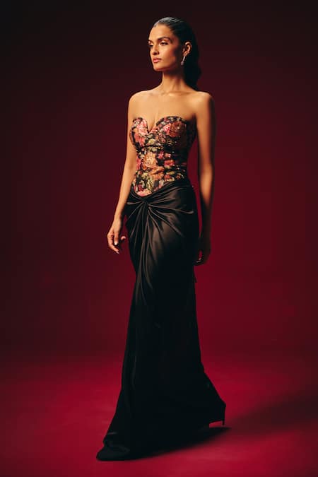 Roze_Black Tussar, Satin Embroidery, Sequins Tisya Corset And Draped Skirt Set _Online_at_Aza_Fashions