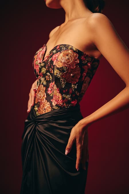 Shop_Roze_Black Tussar, Satin Embroidery, Sequins Tisya Corset And Draped Skirt Set _Online_at_Aza_Fashions