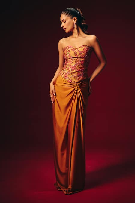 Roze_Mustard Chanderi, Crepe, Satin Embroidery, Beads Zeba Corset And Draped Skirt Set _Online_at_Aza_Fashions