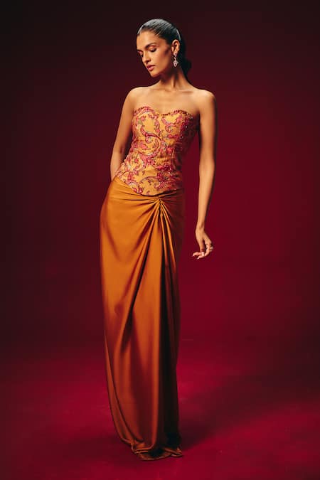 Shop_Roze_Mustard Chanderi, Crepe, Satin Embroidery, Beads Zeba Corset And Draped Skirt Set _Online_at_Aza_Fashions