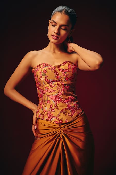 Roze_Mustard Chanderi, Crepe, Satin Embroidery, Beads Zeba Corset And Draped Skirt Set _at_Aza_Fashions