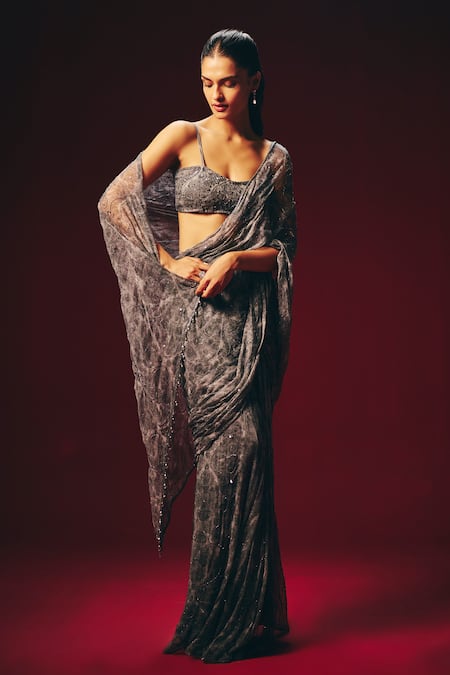 Roze_Gray Chiffon Sequins, Tassels, Embroidery Elara Pre-draped Saree With Blouse _Online_at_Aza_Fashions