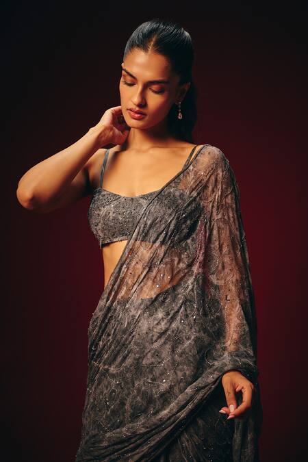 Buy_Roze_Gray Chiffon Sequins, Tassels, Embroidery Elara Pre-draped Saree With Blouse _Online_at_Aza_Fashions