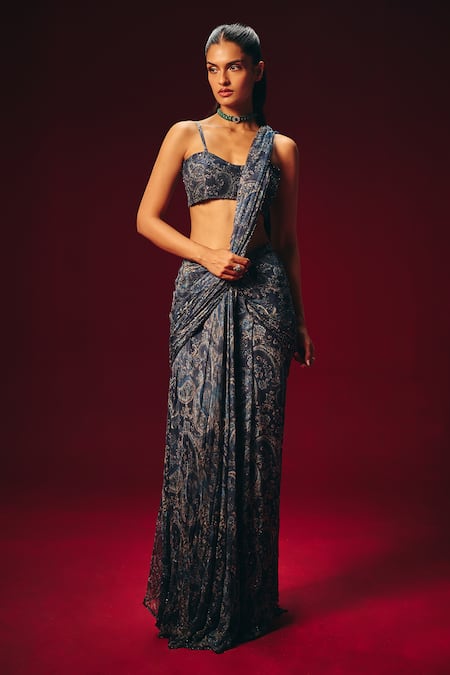 Roze_Blue Chiffon Sequins, Embroidery Iraaya Pre-draped Saree And Blouse Set _Online_at_Aza_Fashions