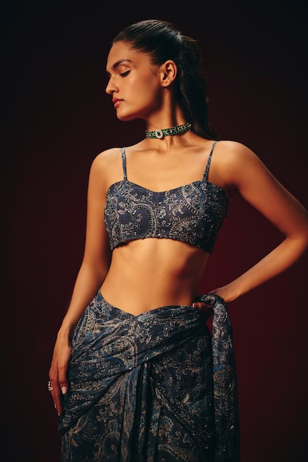 Buy_Roze_Blue Chiffon Sequins, Embroidery Iraaya Pre-draped Saree And Blouse Set _Online_at_Aza_Fashions