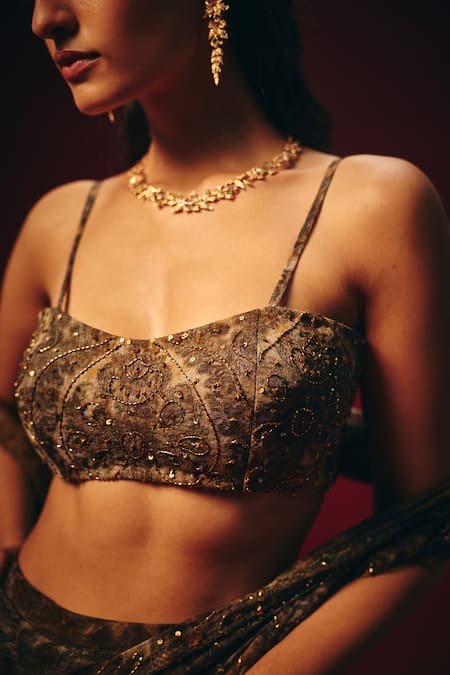 Roze_Brown Chiffon Sequins, Tassels, Beads, Aleesa Pre-draped Saree And Blouse Set _Online_at_Aza_Fashions