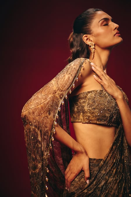 Shop_Roze_Brown Chiffon Sequins, Tassels, Beads, Aleesa Pre-draped Saree And Blouse Set _Online_at_Aza_Fashions
