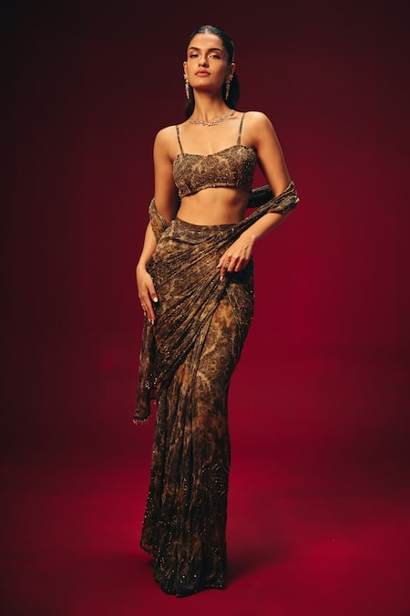 Roze_Brown Chiffon Sequins, Tassels, Beads, Aleesa Pre-draped Saree And Blouse Set _at_Aza_Fashions