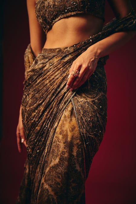 Buy_Roze_Brown Chiffon Sequins, Tassels, Beads, Aleesa Pre-draped Saree And Blouse Set 