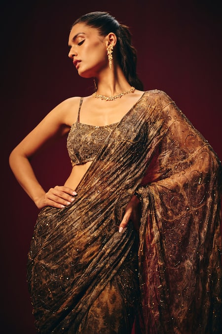 Shop_Roze_Brown Chiffon Sequins, Tassels, Beads, Aleesa Pre-draped Saree And Blouse Set 