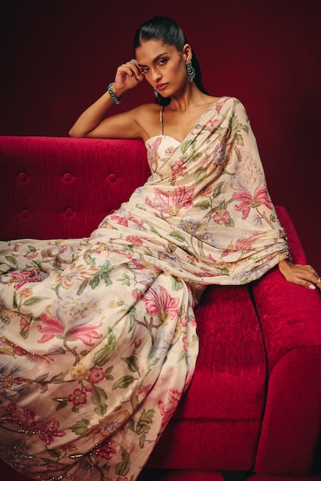 Roze_White Organza, Chanderi, Crepe Embroidery, Anaya Pre-draped Saree And Blouse Set _Online_at_Aza_Fashions