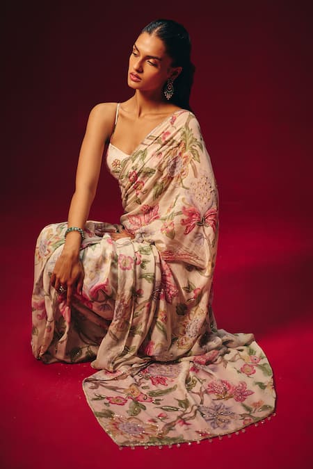 Buy_Roze_White Organza, Chanderi, Crepe Embroidery, Anaya Pre-draped Saree And Blouse Set _Online_at_Aza_Fashions