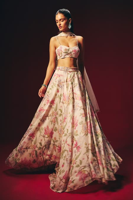 Roze_Off White Organza, Chanderi, Net Embroidery, Verona Hand Floral Lehenga Set _Online_at_Aza_Fashions