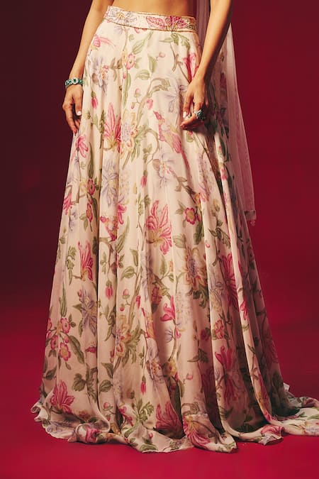Shop_Roze_Off White Organza, Chanderi, Net Embroidery, Verona Hand Floral Lehenga Set _Online_at_Aza_Fashions