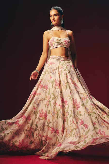 Roze_Off White Organza, Chanderi, Net Embroidery, Verona Hand Floral Lehenga Set _at_Aza_Fashions