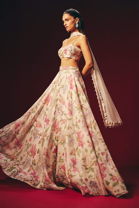 Buy_Roze_Off White Organza, Chanderi, Net Embroidery, Verona Hand Floral Lehenga Set 