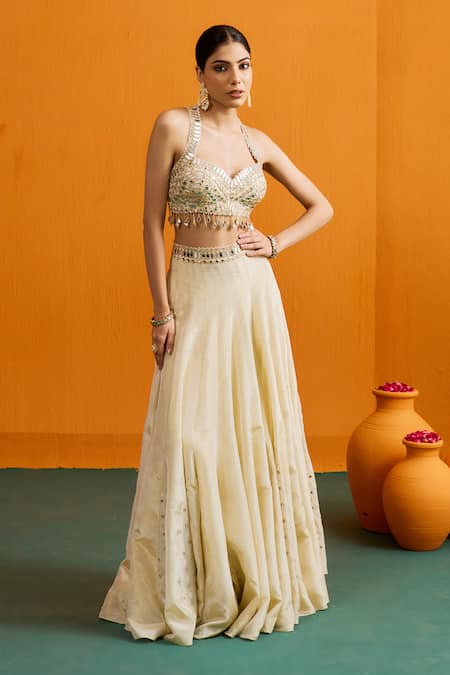 Bhawna Sethi_Ivory Silk, Crepe, Organza Mirrors, Tara Mirrorwork Blouse Lehenga Set _Online_at_Aza_Fashions