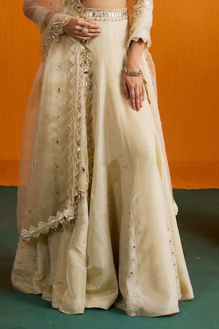 Buy_Bhawna Sethi_Ivory Silk, Crepe, Organza Mirrors, Tara Mirrorwork Blouse Lehenga Set _Online_at_Aza_Fashions