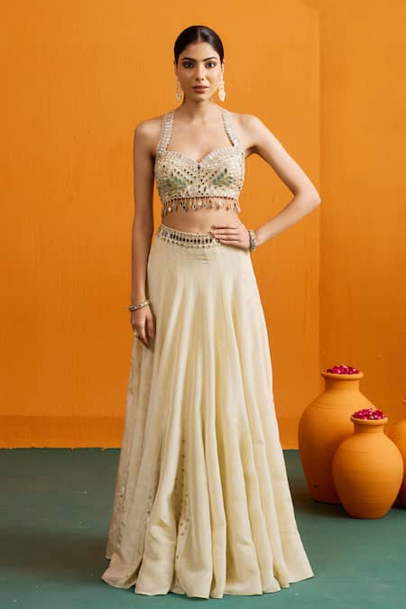 Shop_Bhawna Sethi_Ivory Silk, Crepe, Organza Mirrors, Tara Mirrorwork Blouse Lehenga Set _Online_at_Aza_Fashions